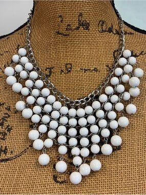 Vintage Silver Link Chain with White Cascading Beaded Bib Necklace